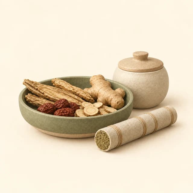 Illustration of traditional herbs, roots, a ceramic jar and moxa