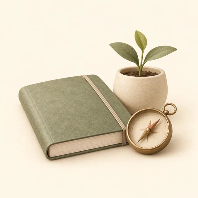 Illustration of a compass, blank journal and small growing plant