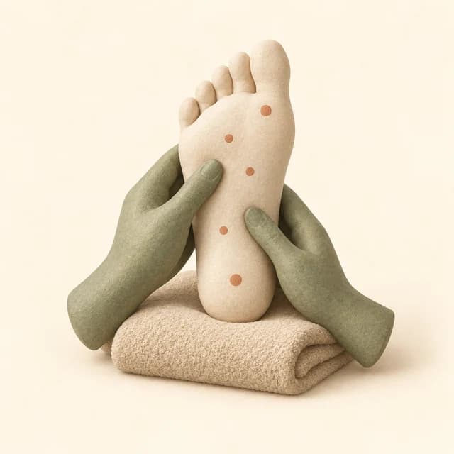 Illustration of a sculpted foot with marked points supported by two hands