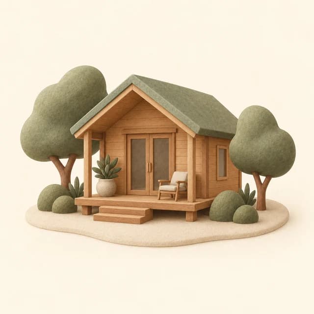 Illustration of a peaceful timber retreat cabin surrounded by trees