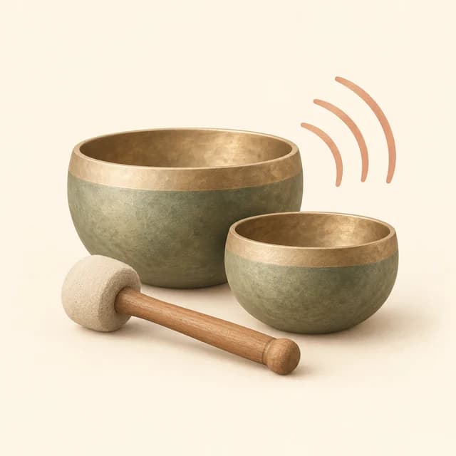Illustration of singing bowls, a wooden mallet and flowing sound curves