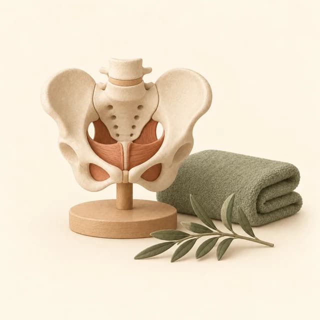 Illustration of a pelvic health model beside a folded towel and leaves